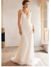 Plunging Neck Ivory Lace Tulle Rustic Wedding Dress